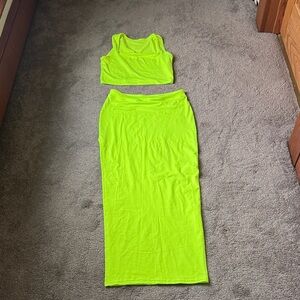 Elleven Neon Yellow Two Piece Crop Top Maxi Skirt Set SIZE M